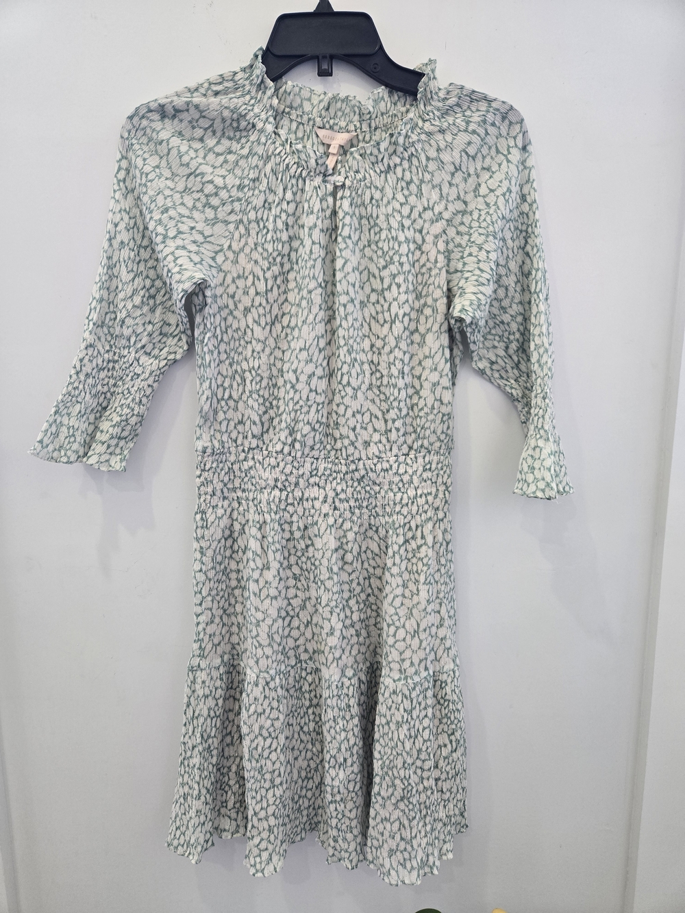 Rebecca Taylor Mint and White Printed Smocked-Waist Dress